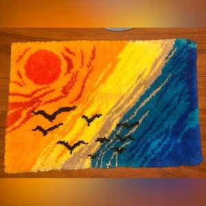 Vintage  Sunset Latch Hook Rug Wall Hanging Completed Landscape MCM 36 X 23